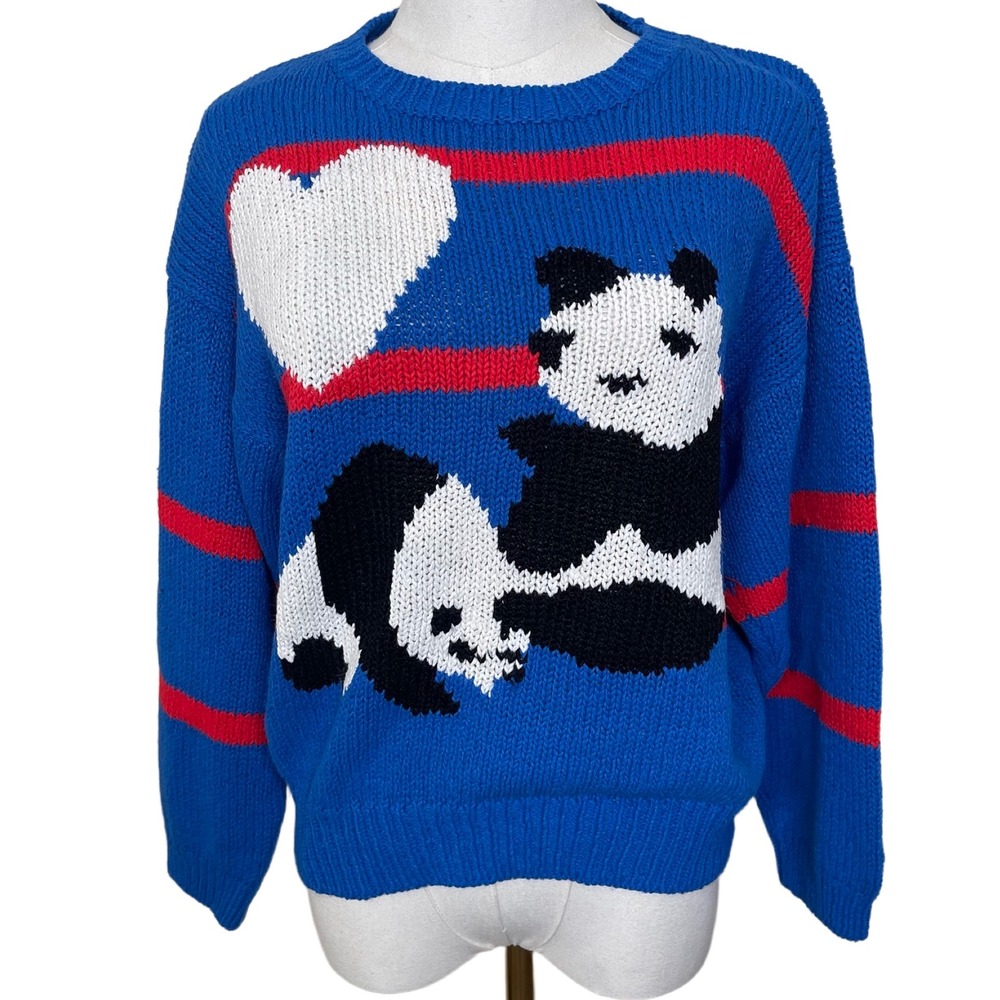 Vintage Here's A Hug Panda Heart Sweater M Blue Red Striped Knit‎ 80s Kawaii